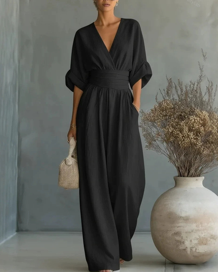 Women's Casual V-Neck Wide Leg Cotton Jumpsuit