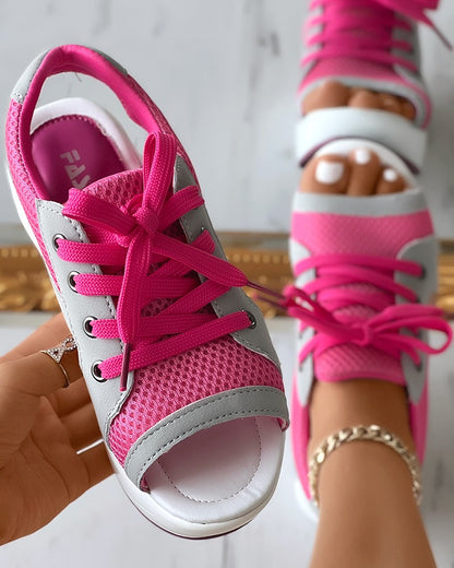 Contrast Paneled Cutout Lace-up Muffin Sandals