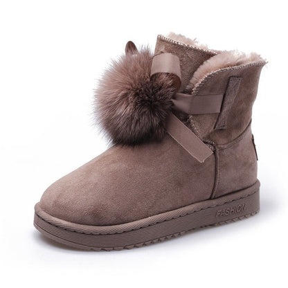 Winter Snow Boots Faux Fur Lined Pompom Slip on Warm Ankle Boots
