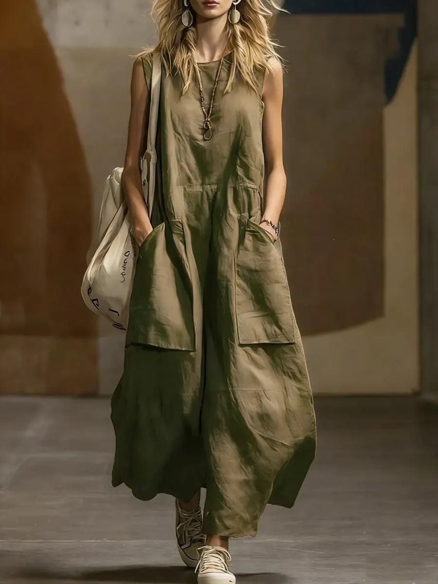 Women's Casual Sleeveless Cotton Maxi Dress with Pockets