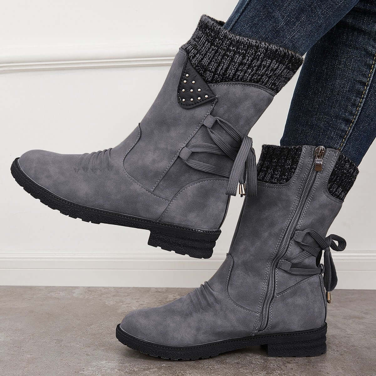 Waterproof Suede Block Heel Ankle Boots Side Zipper Booties