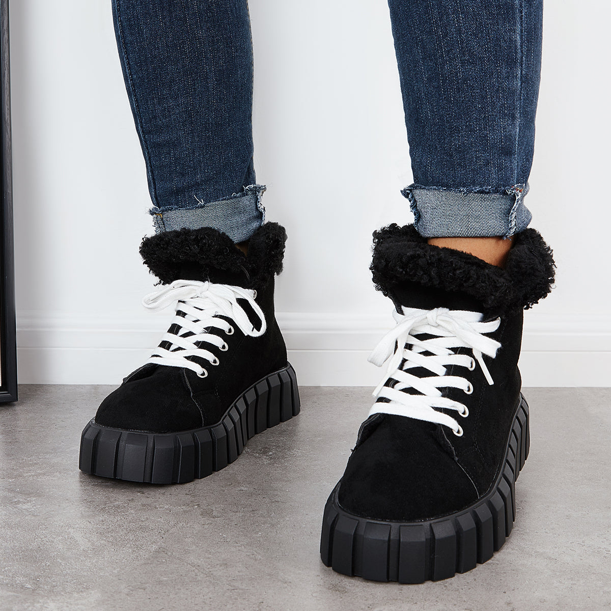 Lace Up Platform Warm Faux Fur Lined Booties Sneakers Boots
