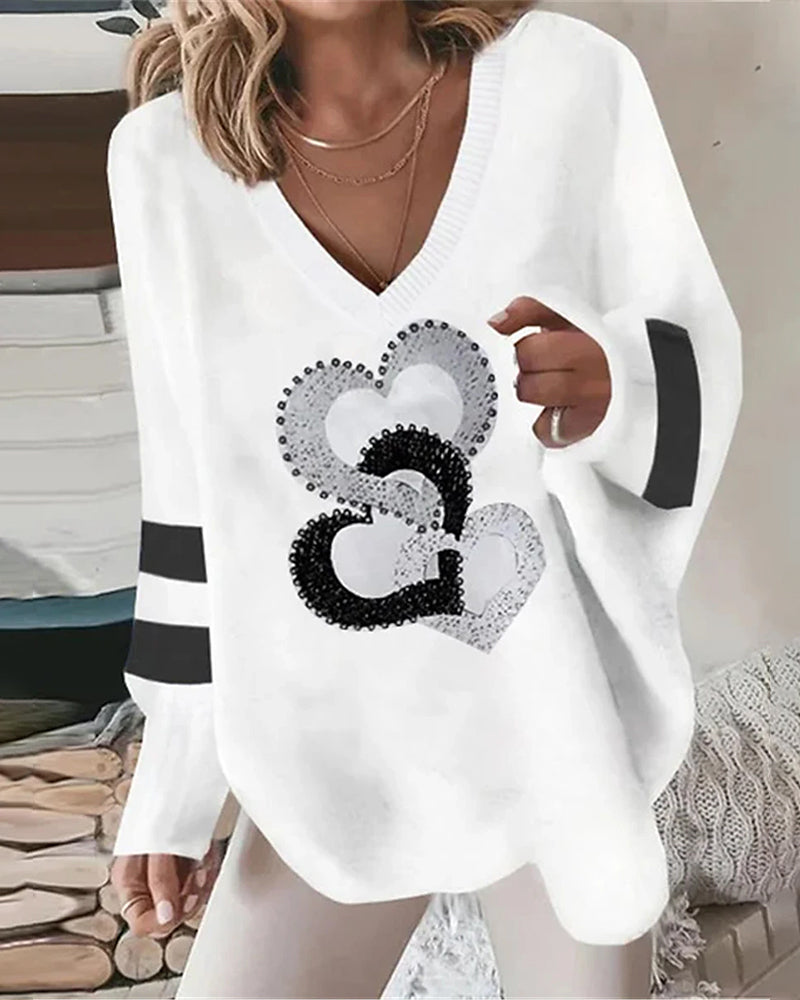 Women's Heart Print V Neck Sweater - OutfitLondon