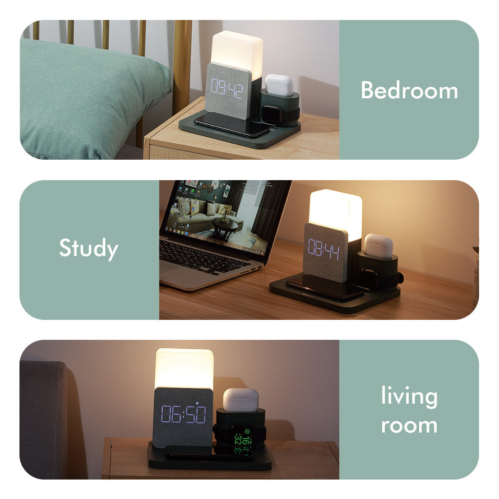 4 In 1 Fast Wireless Charger Station & Lamp With Alarm Clock