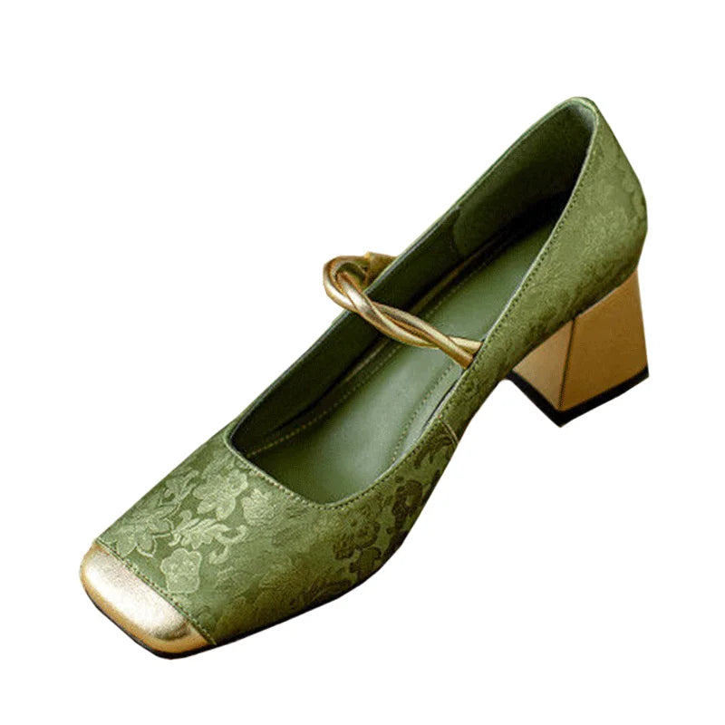Floral Embossed Square Toe Heels