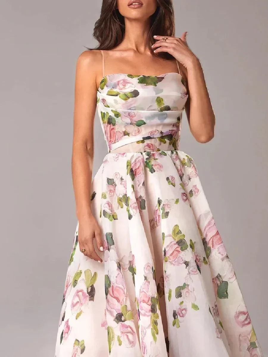 Women's Elegant Flower Maxi Dress with Fitted Waist