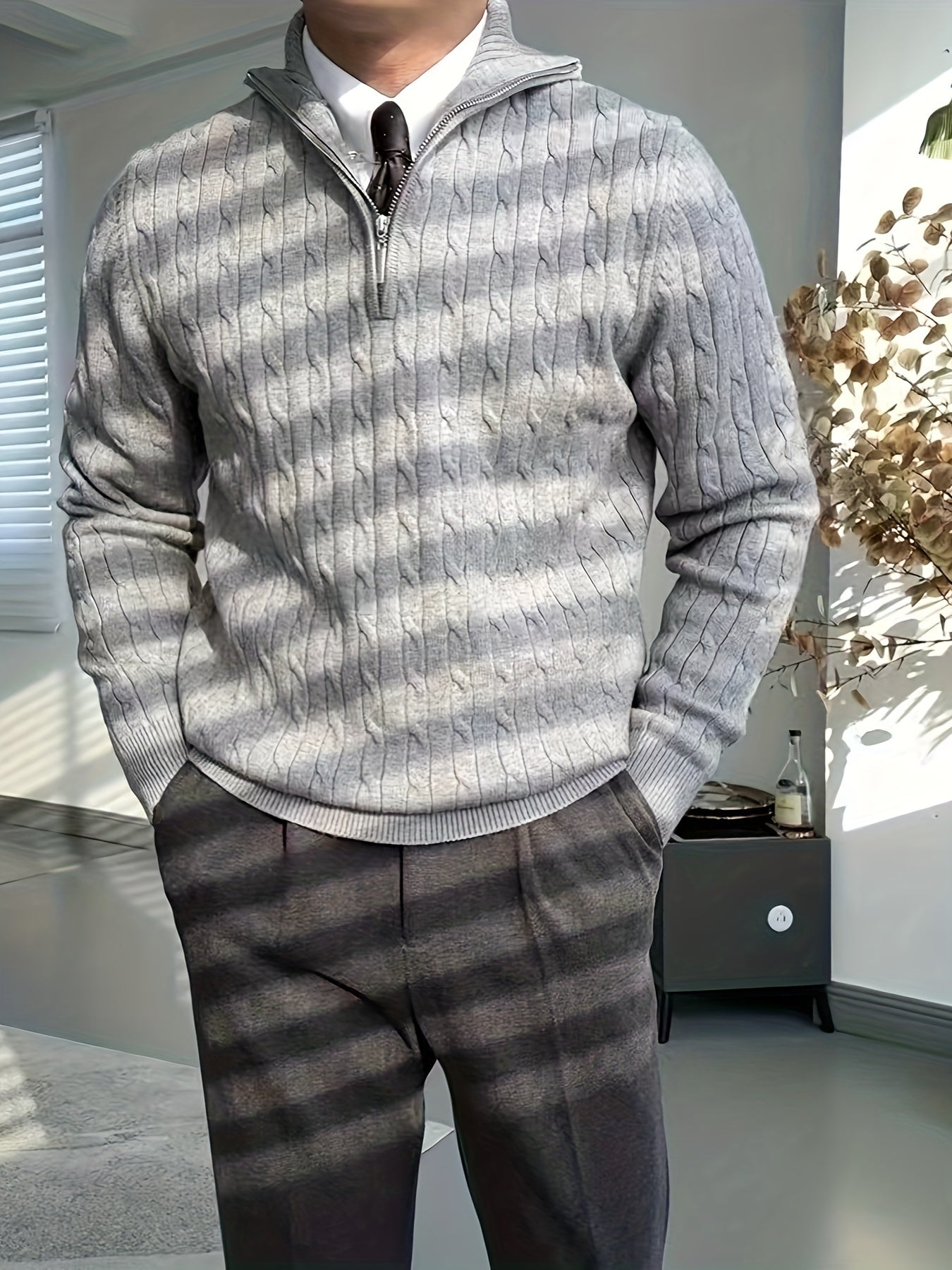 Warm Mens Cable Crew Neck Sweater