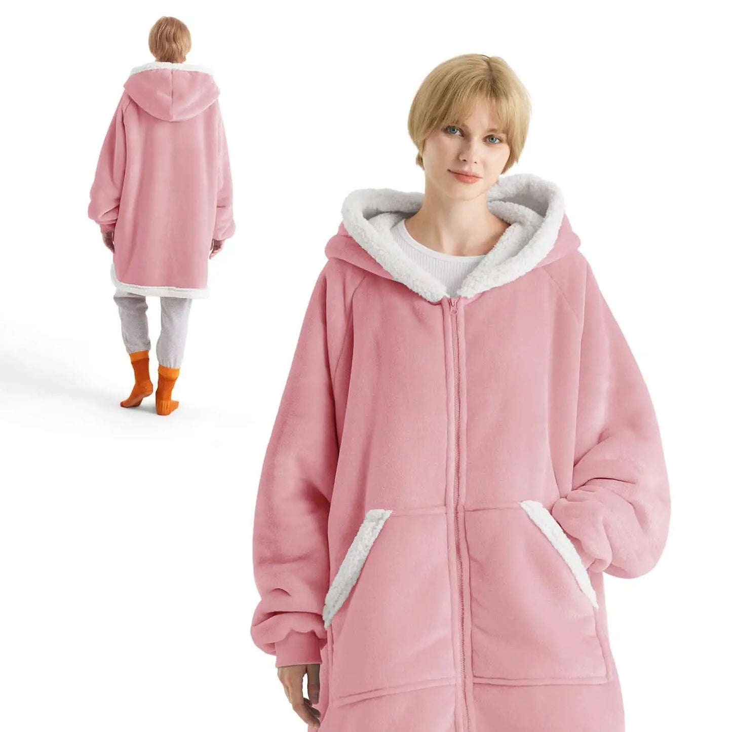 Plush Fleece Wearable Blanket Hoodie - Warm Zip Up