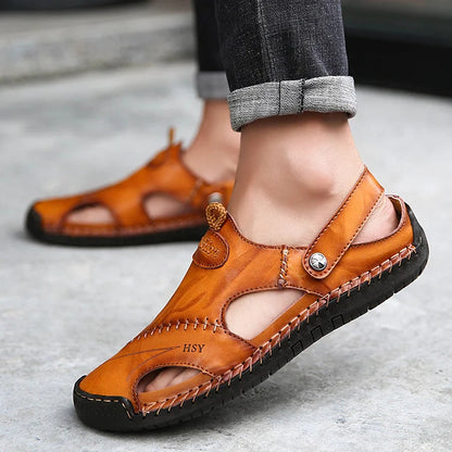 Men's Summer Hand Stitching Soft Outdoor Closed Toe Leather Beach Sandals Slippers
