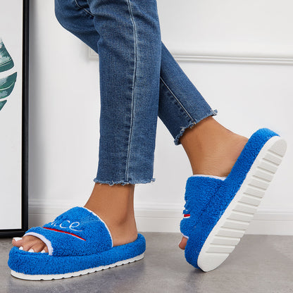 Warm Open Toe Flat Furry Slippers Cozy Slide Shoes