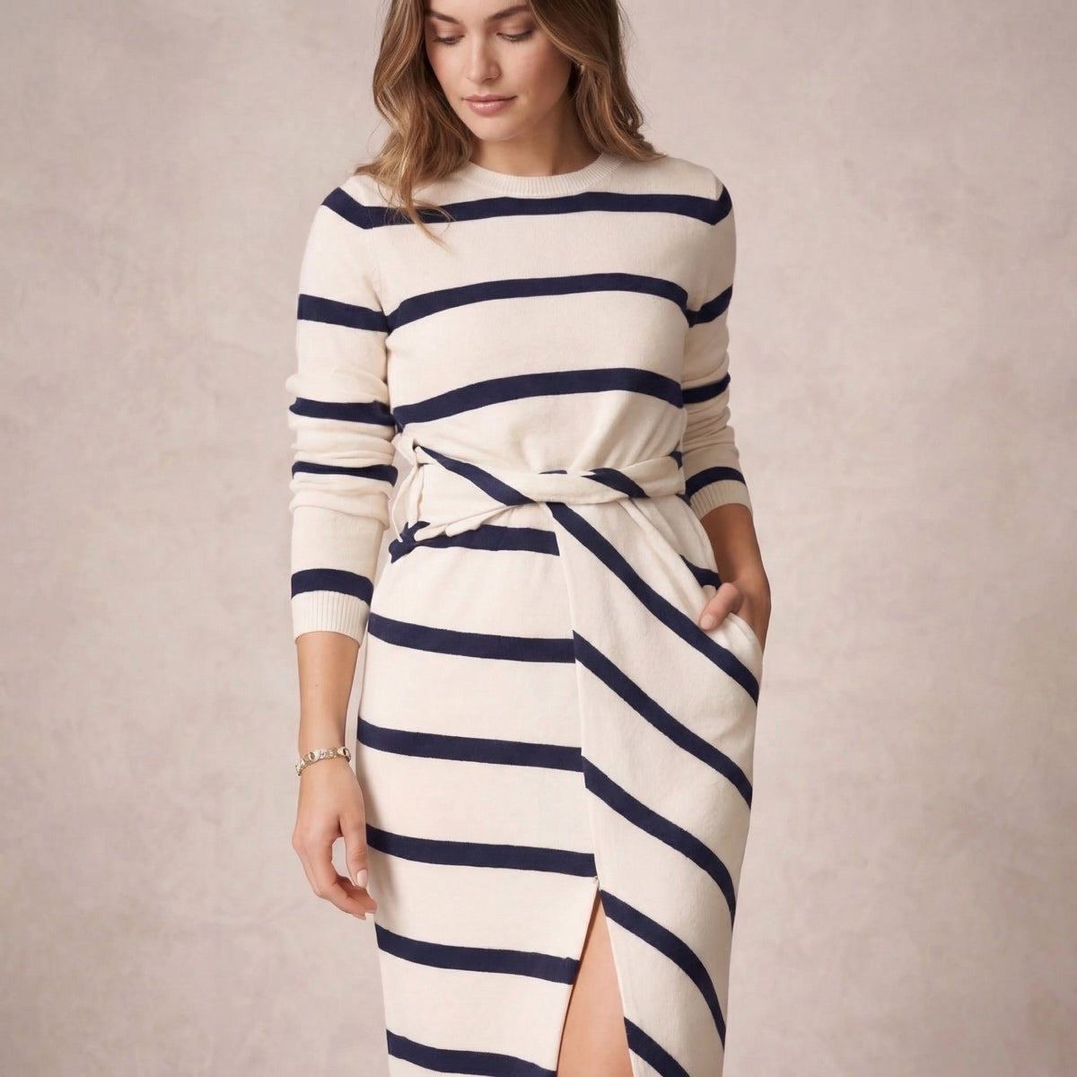 Women's Classic Cotton Striped Long Sleeve Midi Dress