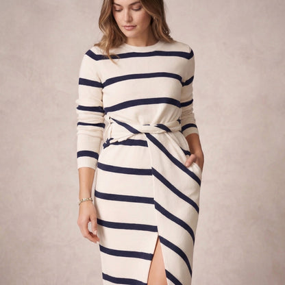 Women's Classic Cotton Striped Long Sleeve Midi Dress