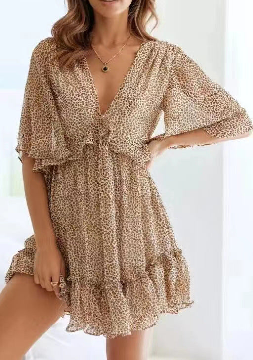 Women's Bohemian V-Neck Ruffle Mini Dress