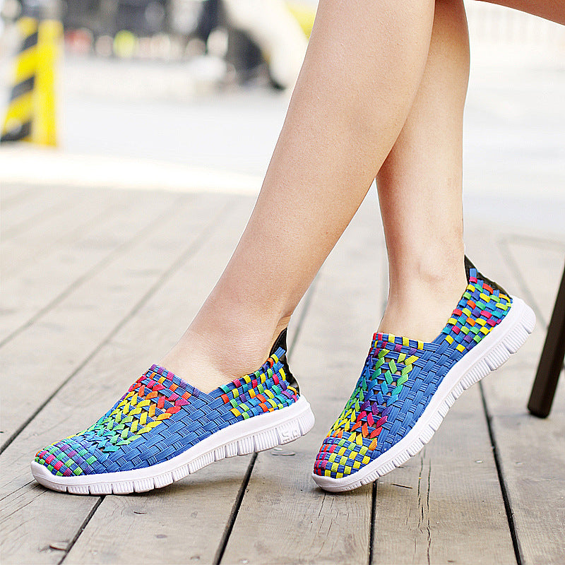 Women Casual Flats Loafers Fantasy Color Mesh Hand Woven Shoes