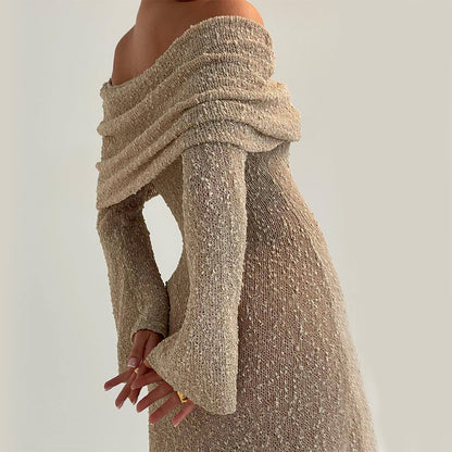 Women's Elegant Knitted Off-Shoulder Long Sleeve Dress
