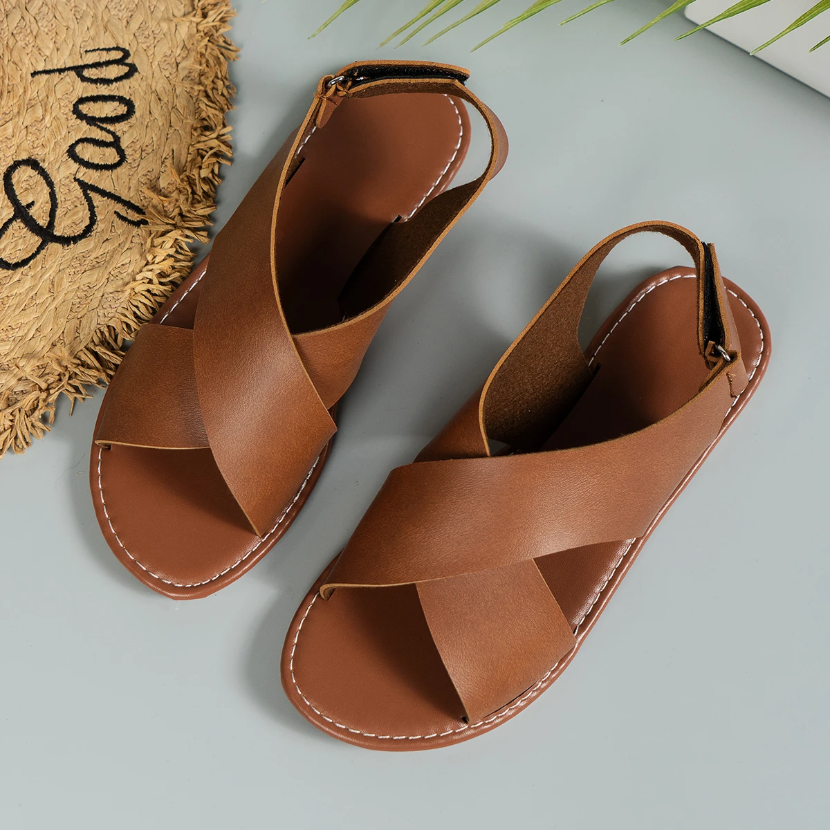 Women Roman Cross Strap Leather Flat Sandals