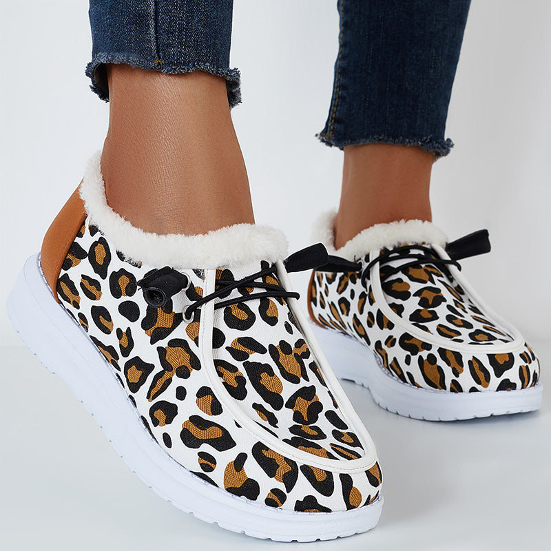 Leopard Winter Warm Flats Plush Faux Fur Lined Non Slip Boots