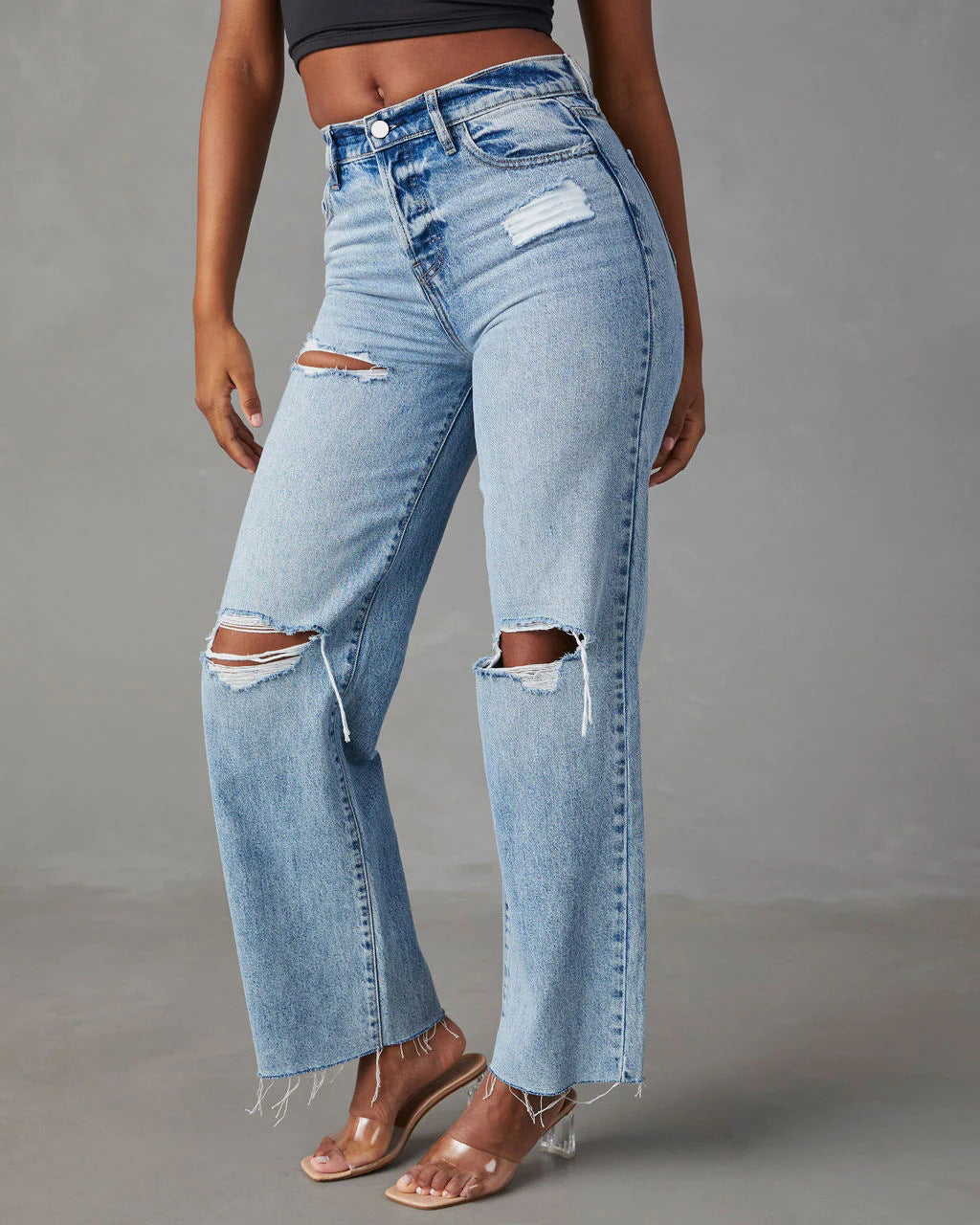 Women's Casual Blue Denim Straight Leg Ripped Jeans with Raw Hem