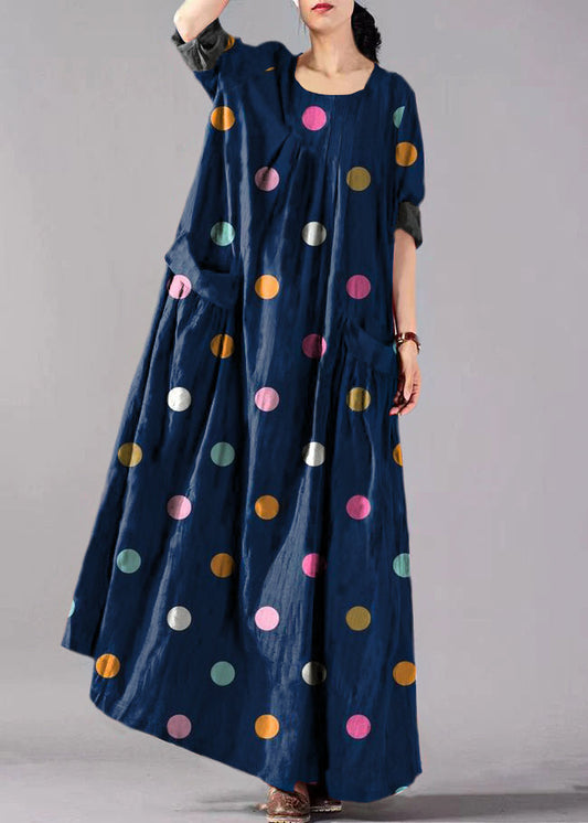 Women's Linen Vacation Dress Polka Dot Crinkle Fabric Large Pockets - OutfitLondon