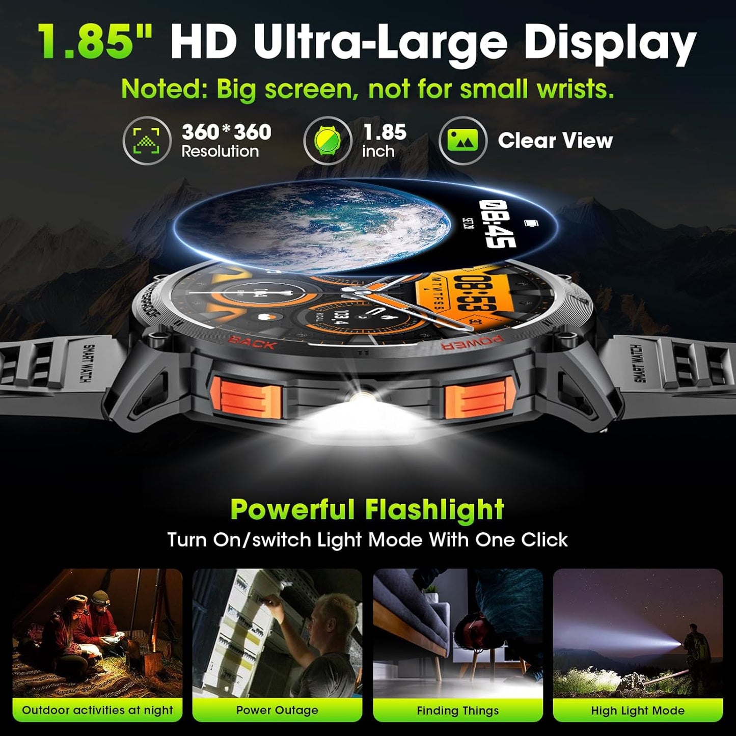 Tactical Mens Smartwatch with HD Display and LED Light