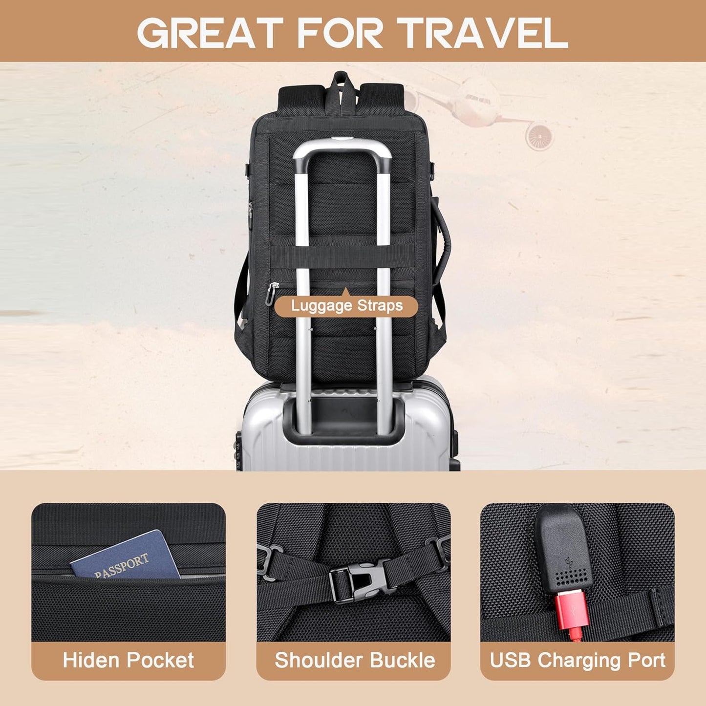 Large Water Resistant Travel Backpack with Laptop Compartment