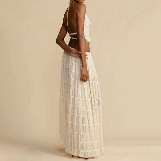 Women's Elegant Sleeveless Halter Maxi Dress with Pleated Skirt