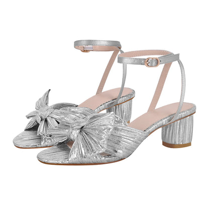 Women's Chunky Heel Pleated Bow Sandals