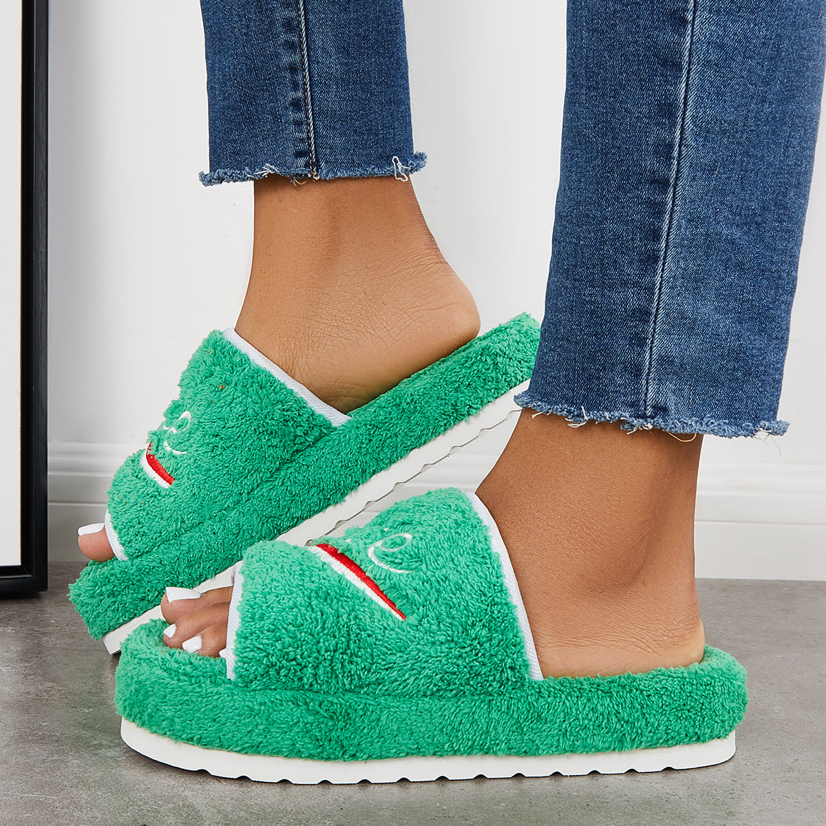 Warm Open Toe Flat Furry Slippers Cozy Slide Shoes