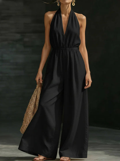 Women's Stylish V-Neck Halter Neck Wide-Leg Jumpsuit