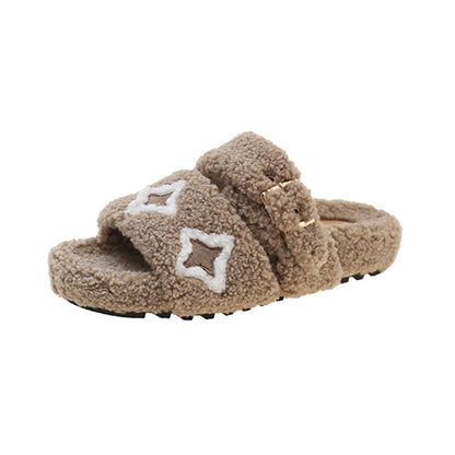 Open Toe Fluffy Slippers Faux Fur Lining Soft Footbed Shoes