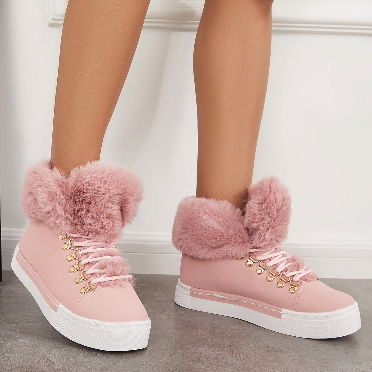 Platform Lace Up Warm Fur Lined Sneakers Flat Ankle Boots