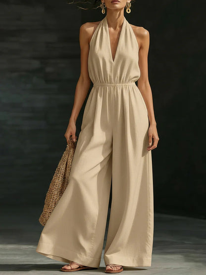 Women's Stylish V-Neck Halter Neck Wide-Leg Jumpsuit