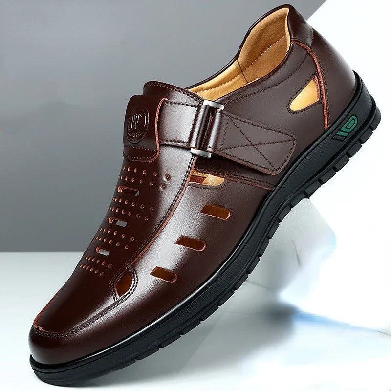 Men’s Leather Sandals – Closed Toe – Breathable Cut-Out Design – Adjustable Buckle Strap