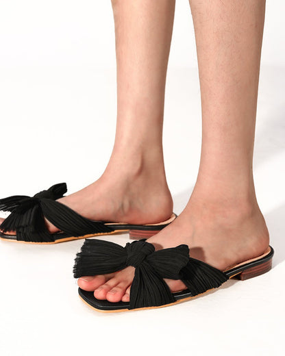 Pleated Bow Open Toe Comfort Slip On Slide Flat Sandals