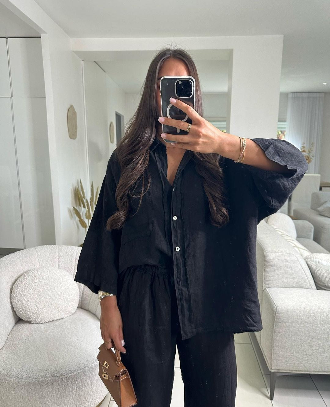 Women's Casual Cotton Wide Leg Pants and Long Sleeve Shirt Set