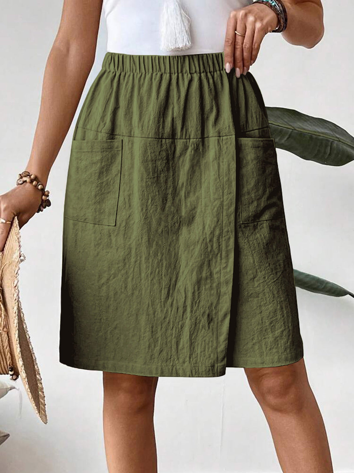 Women's Casual Cotton Pocket Pants with Elastic Waistband