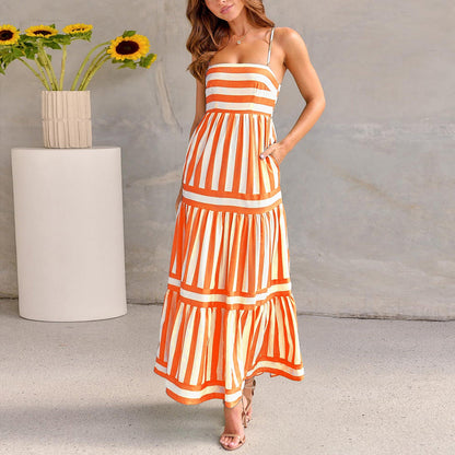 Women's Casual Striped Cotton Suspender Dress