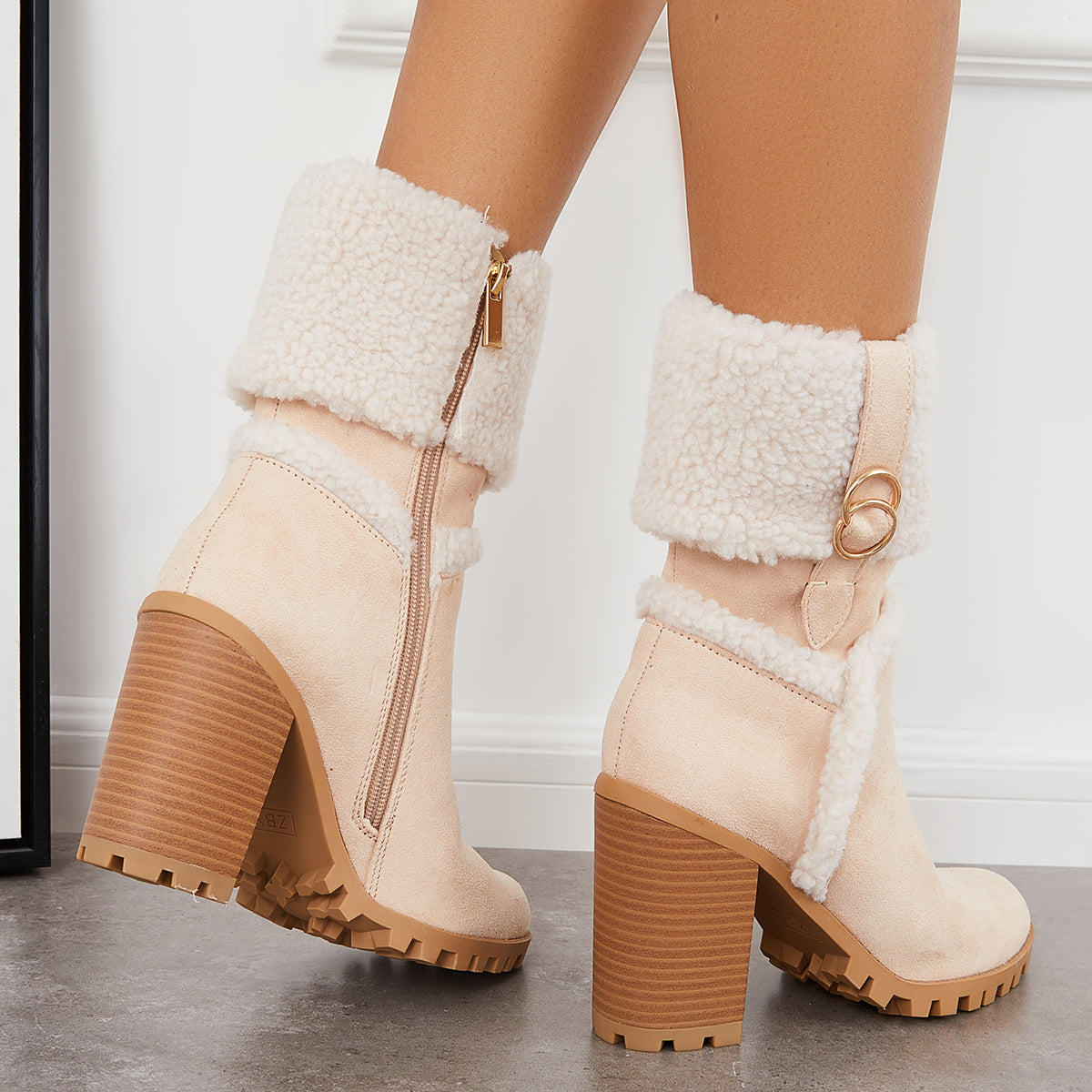Fur Lined Ankle Snow Boots Side Zipper Chunky Heel Booties
