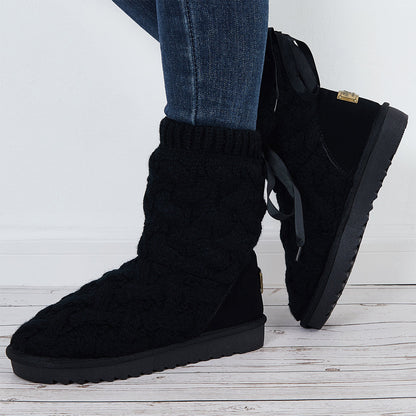 Knit Splicing Warm Ankle Boots Lace Up Winter Short Booties