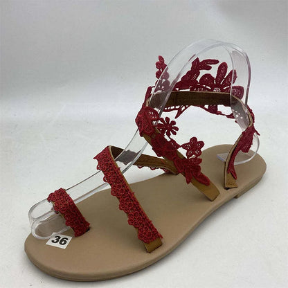 Women White Lace Boho Flat Sandals Beach Wedding Sandals Flower Pattern Slippers