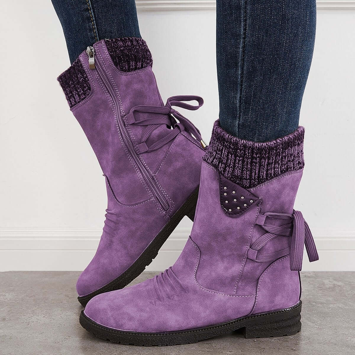 Waterproof Suede Block Heel Ankle Boots Side Zipper Booties