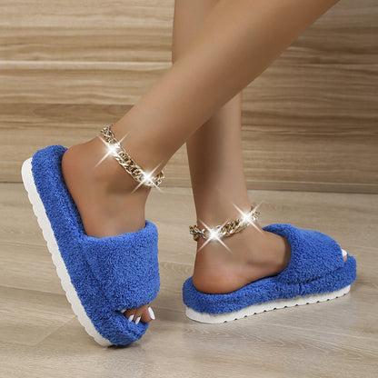 Open Toe Faux Fur Flat Slippers Soft Warm Slip on Furry Slippers