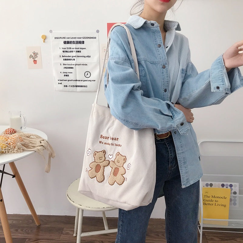 Women's Casual Corduroy Tote Bag with Embroidered Detail