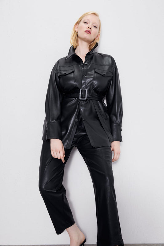 Fashionable Women's Synthetic Leather Coat with Waist Belt - OutfitLondon