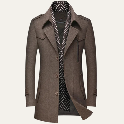 Classic Men's Wool Long Overcoat with Lapel Collar