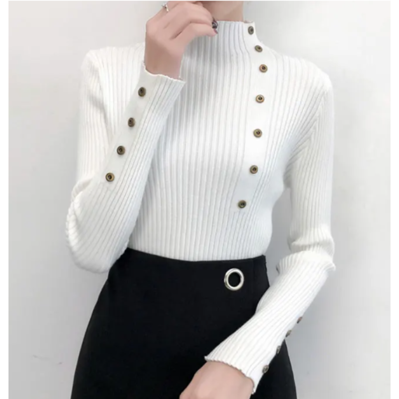 Soft Women's Crew Neck Knit Sweater with Buttons