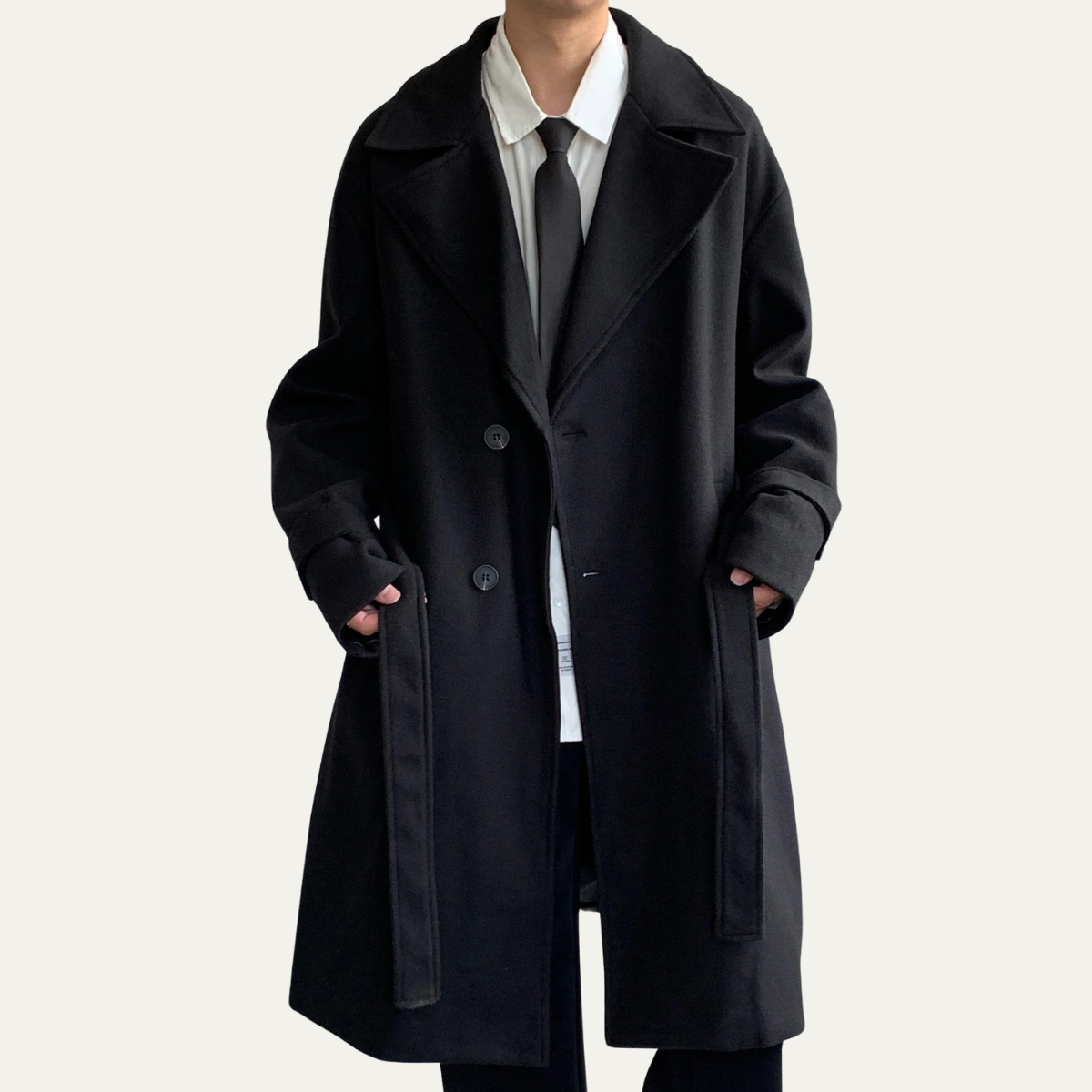 Classic Mens Wool Overcoat with Waist Belt