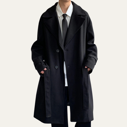 Classic Mens Wool Overcoat with Waist Belt