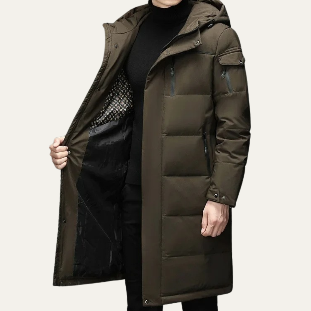 Warm Men's Black Parka Puffer Jacket with Hood