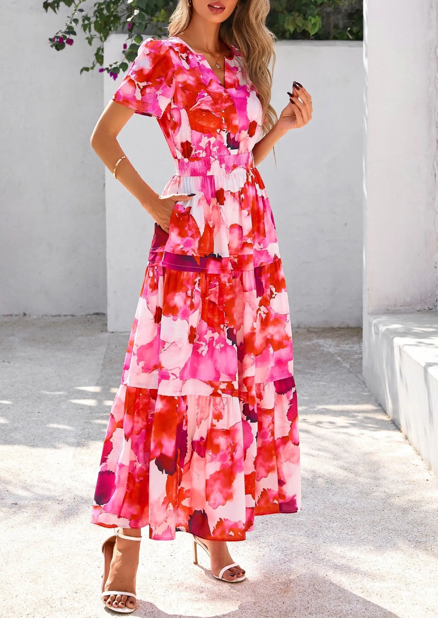 Casual Floral V Neck Flowy Beach Maxi Dress